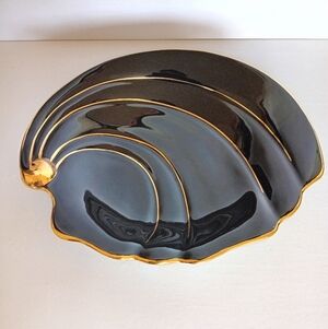 Vintage Royal Winton Noir Black Ceramic Shell Dish with Gold Trim